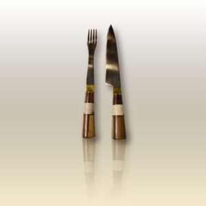 CUCHILLO Y TENEDOR DE 16CM DE ACERO INOXIDABLE Y CABOS MADERA Y HUESO PARA ASADOR